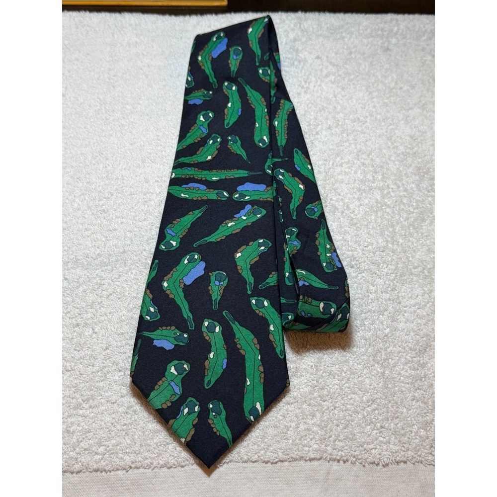 Josh Bach Mens Silk Tie Golf Course Aerial View Navy Blue Green Hand Finished
